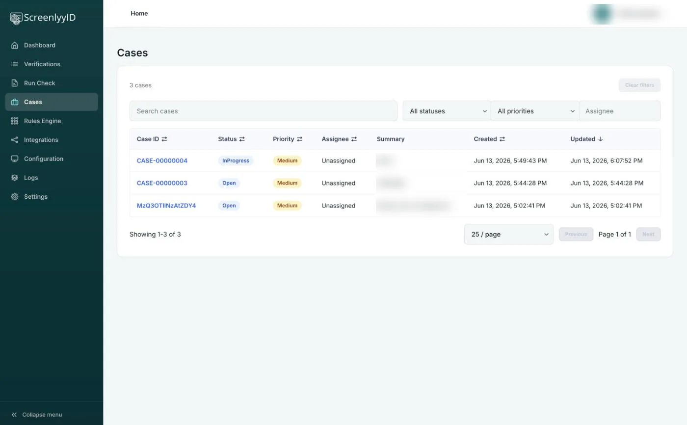 ScreenlyyID case review queue with status, priority, assignee and filters