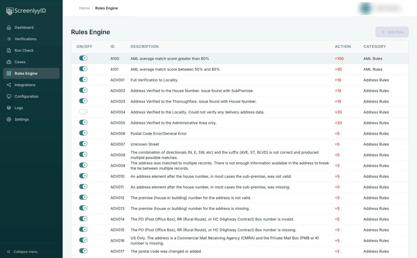 ScreenlyyID Rules Engine listing rules with an on/off switch, rule ID, description, score and category