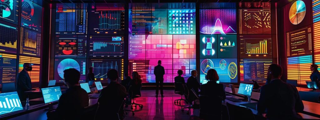 a modern office environment featuring a sleek conference room, where a diverse team of professionals collaboratively analyze financial data on high-tech screens, highlighting the implementation of a risk-based kyc approach with dynamic graphs and risk assessment tools displayed prominently.