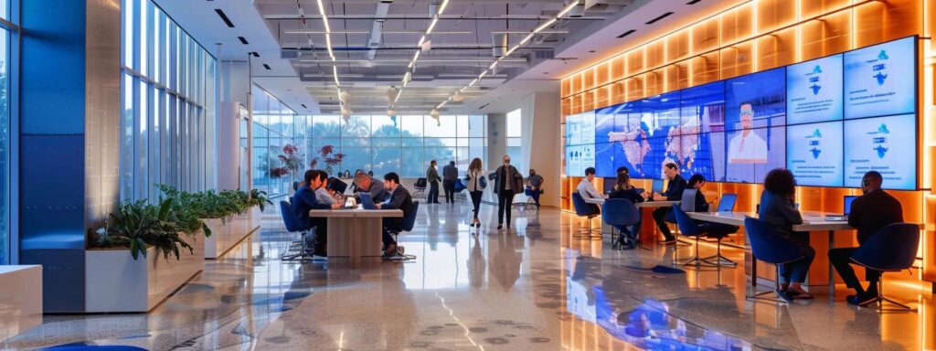 a modern office space is illuminated by sleek digital displays showcasing advanced kyc technologies, while professionals engage in dynamic discussions around a central table, embodying the future of customer verification amid a backdrop of regulatory trends and cybersecurity threats.