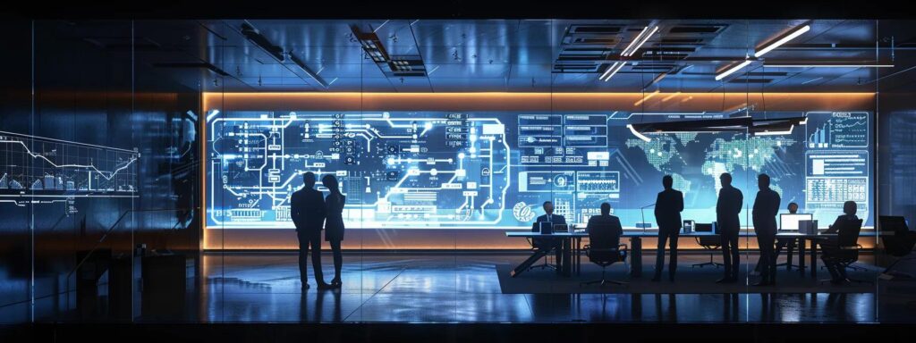 a sleek, modern office conference room features a large digital display showing a complex flowchart of kyc processes, with professionals engaged in a focused discussion, highlighting the challenges and strategies of customer verification amidst a backdrop of sharp, contemporary decor.