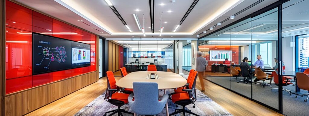 a sleek, modern office environment showcases a digital screen displaying interconnected diagrams of kyc core components, with a professional team engaged in a strategy meeting, emphasizing compliance and risk management.