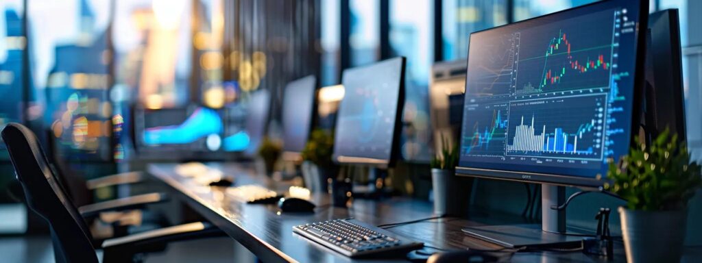 a sleek, modern office environment features a focus on digital compliance tools displayed on multiple monitors, emphasizing the intricate interplay of kyc regulations and the continual efforts required for financial institutions to ensure transparency and adherence to evolving legal standards.