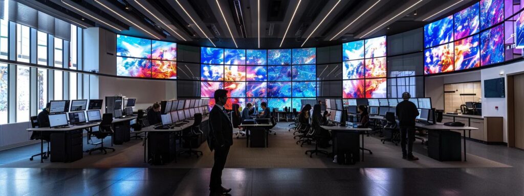a sleek, modern office filled with professionals engaging with advanced digital screens, showcasing biometric scanning and electronic kyc systems, emphasizing the importance of robust data collection and verification methods in a dynamic business environment.
