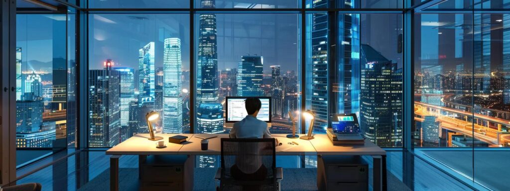 a sleek, modern office interior featuring a focused professional examining digital identity verification documents on a high-tech monitor, illuminated by soft, ambient lighting that enhances the serious atmosphere of kyc compliance.