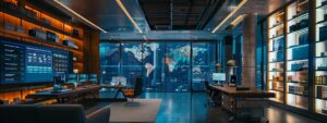 a sleek, modern office workspace is filled with sophisticated technology, showcasing a digital display on a large screen elucidating the intricate processes of kyc, highlighted by warm, focused lighting to emphasize the importance of customer verification.