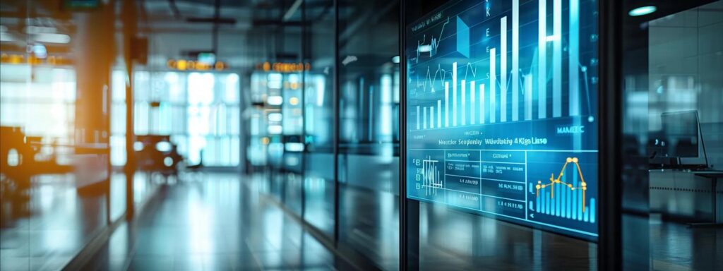 a sleek, modern office workspace features advanced digital screens displaying complex data analytics on kyc processes, illuminated by vibrant led lighting, emphasizing technological innovation and efficiency in identity verification.