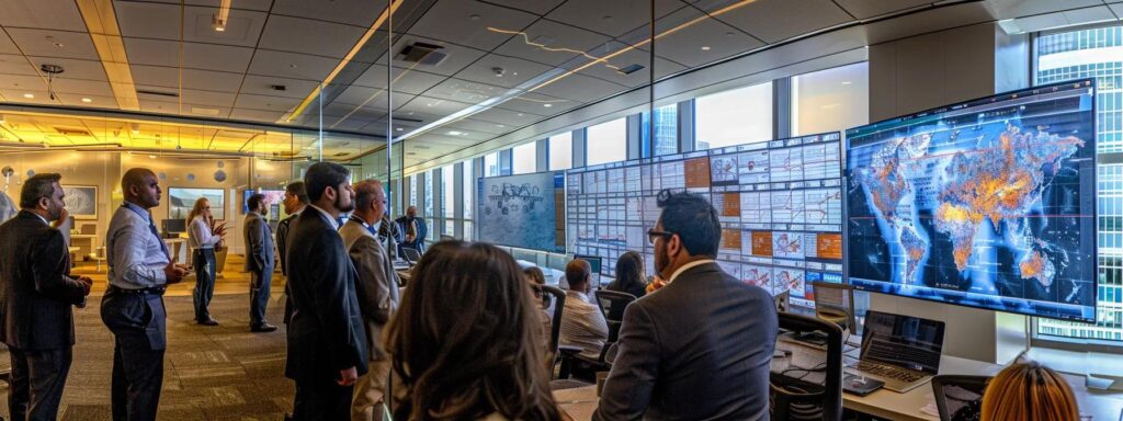 a dynamic office scene showcases a diverse team of professionals engaged in heated discussions and analyzing digital data on large screens, highlighting the complexities of navigating the global regulatory landscape for anti-money laundering (aml) practices.