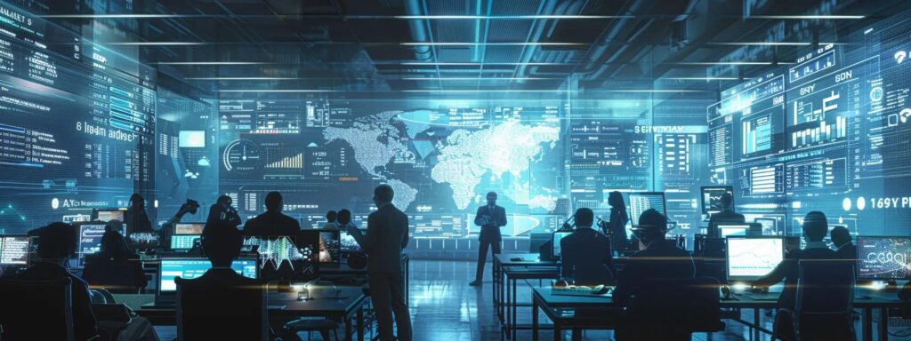 a focused shot of a modern office conference room, showcasing a diverse group of professionals engaged in a spirited discussion, surrounded by digital screens displaying complex data analytics and eidv solution graphics, highlighting the critical evaluation of electronic identity verification options.