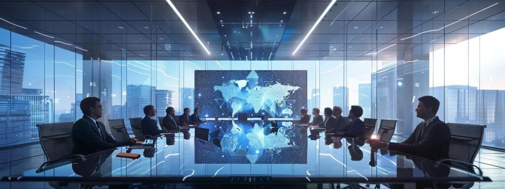 a modern corporate conference room, featuring a sleek glass table surrounded by attentive professionals engaged in a discussion on regulatory frameworks, with digital screens displaying the 6amld and amla highlights in a sharp, contemporary design.