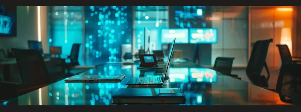 a modern office conference room features a sleek glass table adorned with digital devices, showcasing a dynamic presentation on electronic identity verification, with vibrant visual elements illustrating both benefits and challenges like efficiency, security, and consumer privacy.