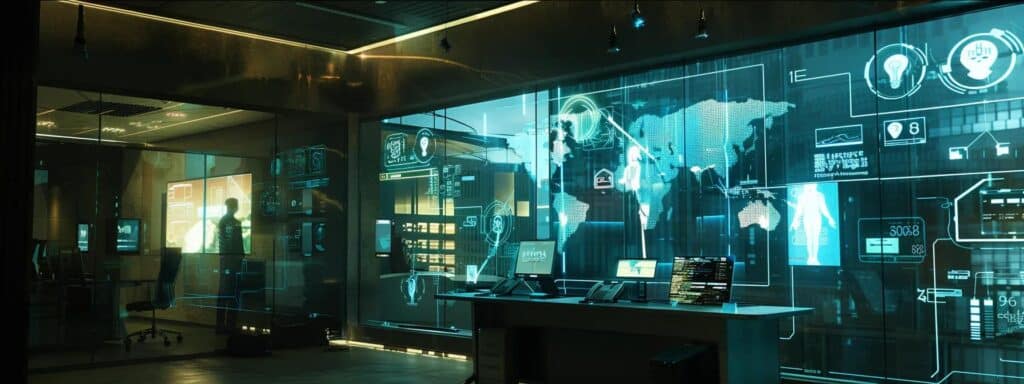 a modern office environment featuring a sleek digital interface displaying biometric data and identity verification credentials, illuminated by crisp, focused lighting to emphasize the importance of secure interactions in high-risk industries.