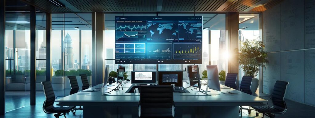 a modern office environment showcases a sleek digital dashboard displaying real-time biometric and document verification data, highlighting the cutting-edge technology of electronic identity verification amidst a backdrop of regulatory compliance screens and data analytics visualizations.