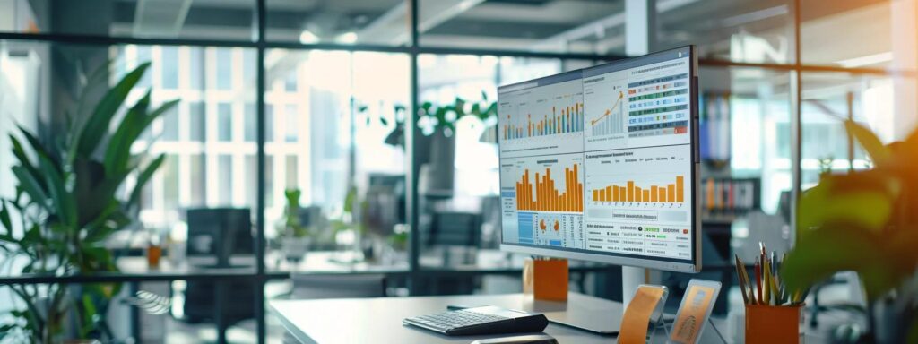 a modern office setting showcases a sleek workstation equipped with advanced monitors displaying real-time data analytics and regulatory compliance dashboards, illustrating the intricate processes of aml screening amidst a backdrop of dynamic financial activity.