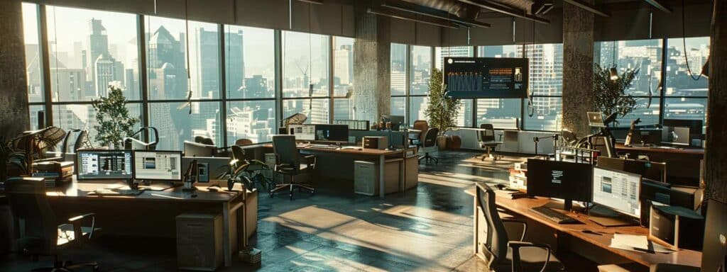 a modern office space filled with sleek computer workstations and digital screens displays a sophisticated electronic identity verification system in action, highlighting advanced biometric controls and security software that emphasizes the urgency and importance of combating fraud in 2025.