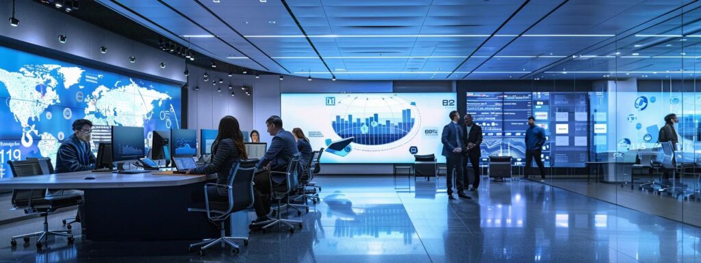 a modern office space showcases a diverse group of professionals engaged in a dynamic discussion around a digital dashboard displaying identity verification metrics, highlighting both the benefits and challenges of implementing effective security systems.