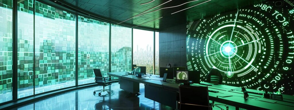 a sleek, high-tech office environment showcases a digital interface displaying vibrant identity verification data streams, symbolizing the advanced technologies that bolster accuracy and security in modern identity systems.