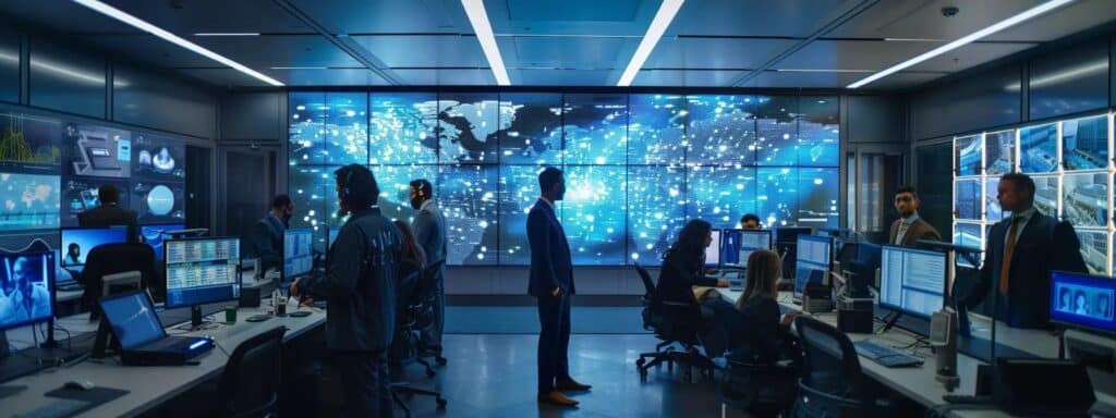 a sleek, high-tech office environment showcases a diverse group of professionals engaged in advanced identity verification processes, utilizing biometric scanners and digital analytics on modern screens to prevent fraud and ensure compliance.