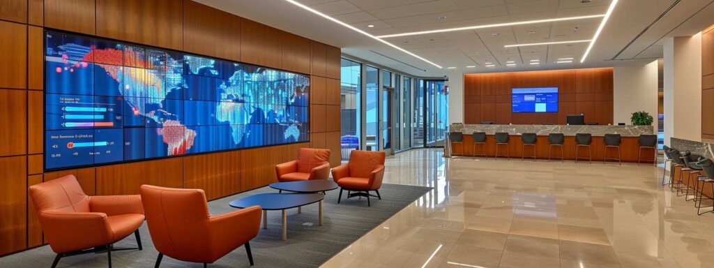 a sleek, modern office environment showcases a sophisticated digital screen displaying dynamic graphs and data visualizations related to global aml compliance measures, emphasizing the evolution and integration of regulatory frameworks in the financial sector.