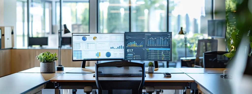 a sleek, modern office environment features a high-tech workstation displaying a dynamic dashboard for ekyc monitoring, with visual indicators of operational workflows in action, emphasizing efficiency and reliability in customer screening processes.