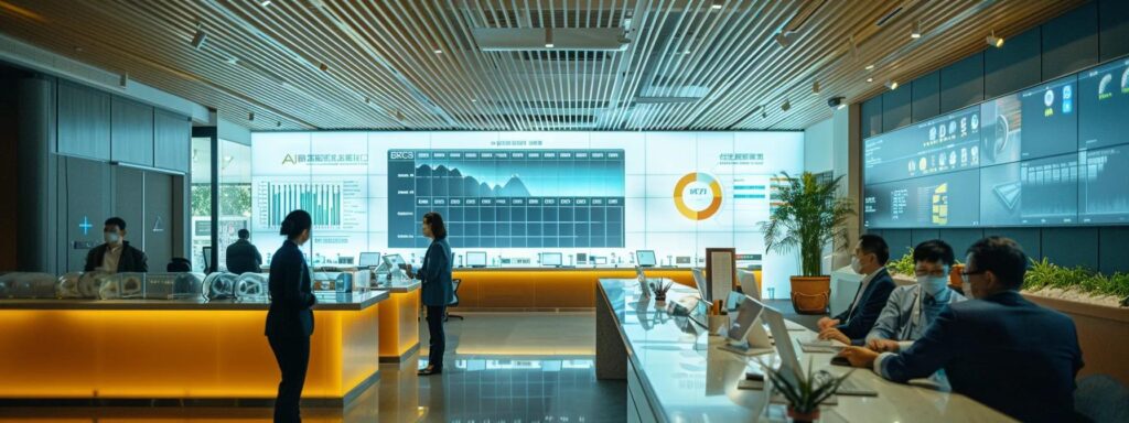 a sleek, modern office environment features a digital interface displaying ekyc data analytics, with professionals engaged in seamless onboarding, illuminated by sharp overhead lighting that highlights the high-tech equipment around them.