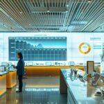 a sleek, modern office environment features a digital interface displaying ekyc data analytics, with professionals engaged in seamless onboarding, illuminated by sharp overhead lighting that highlights the high-tech equipment around them.