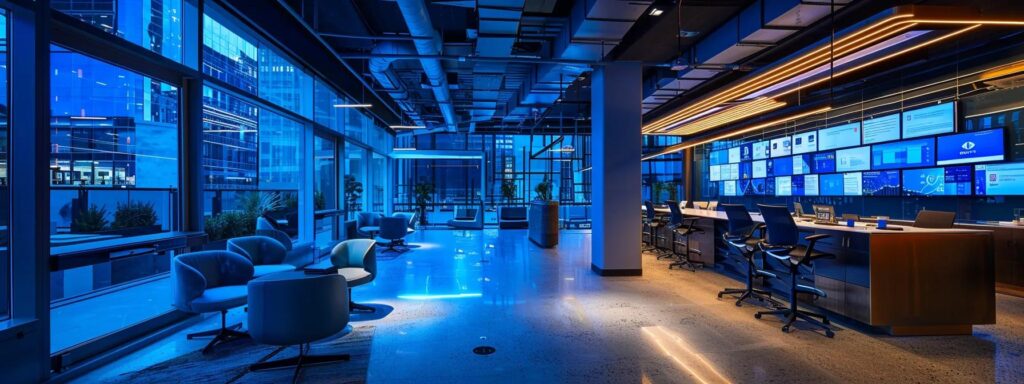 a sleek, modern office environment featuring advanced technology interfaces with dynamic digital displays showcasing electronic identity verification trends, illuminated by cool blue lighting that emphasizes the cutting-edge nature of ai-driven security solutions.