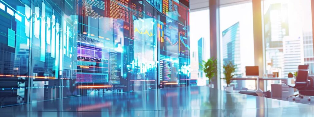 a sleek, modern office filled with advanced digital screens displaying complex data and vibrant graphics related to anti-money laundering processes, highlighting key concepts and tools in a dynamic, engaging environment.