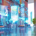 a sleek, modern office filled with advanced digital screens displaying complex data and vibrant graphics related to anti-money laundering processes, highlighting key concepts and tools in a dynamic, engaging environment.