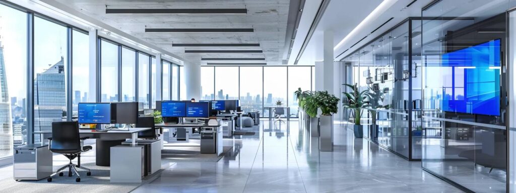 a sleek, modern office filled with high-tech screens displaying real-time data analytics and digital identity verification processes, highlighting the advanced technology used for secure electronic identity verification.