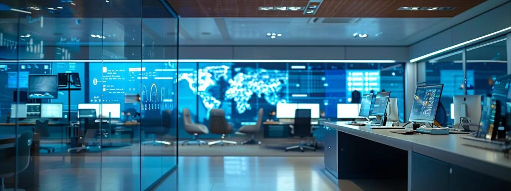 a sleek, modern office filled with high-tech devices and screens displaying data analytics for electronic identity verification, illustrating a vibrant discussion among professionals in smart attire.