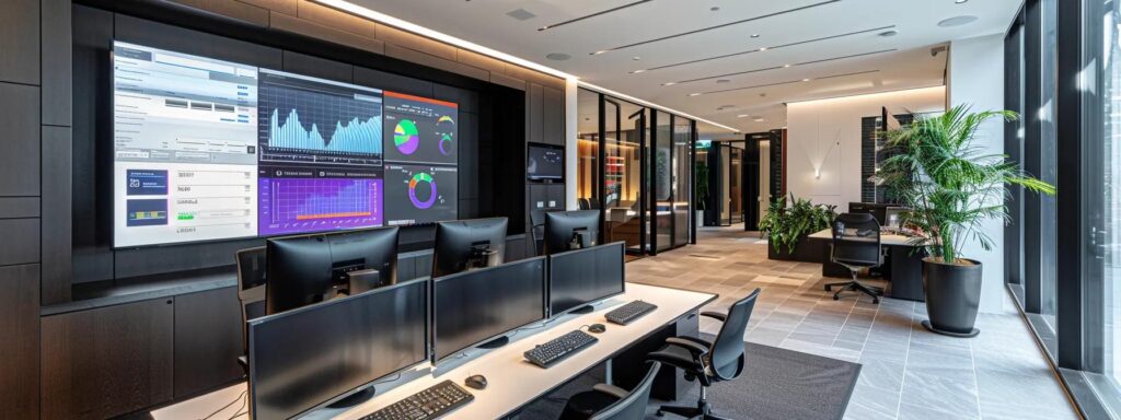 a sleek, modern office filled with high-tech monitors displays a complex financial dashboard, vividly illustrating the intricate stages of money laundering with animated graphs and layers of data flow, while analysts observe closely to identify suspicious transactions.