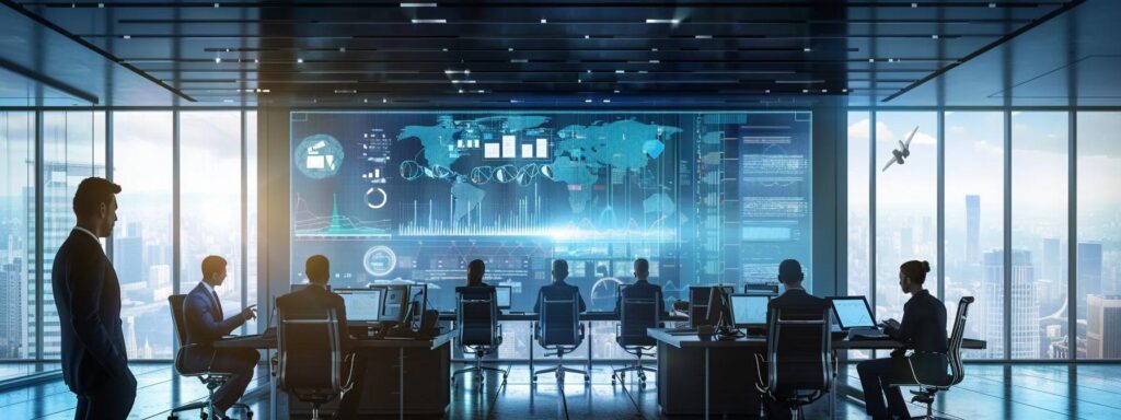 a sleek, modern office scene featuring a large digital screen displaying real-time data flows and electronic identity verification processes amidst a backdrop of engaged professionals analyzing identity records and security protocols.