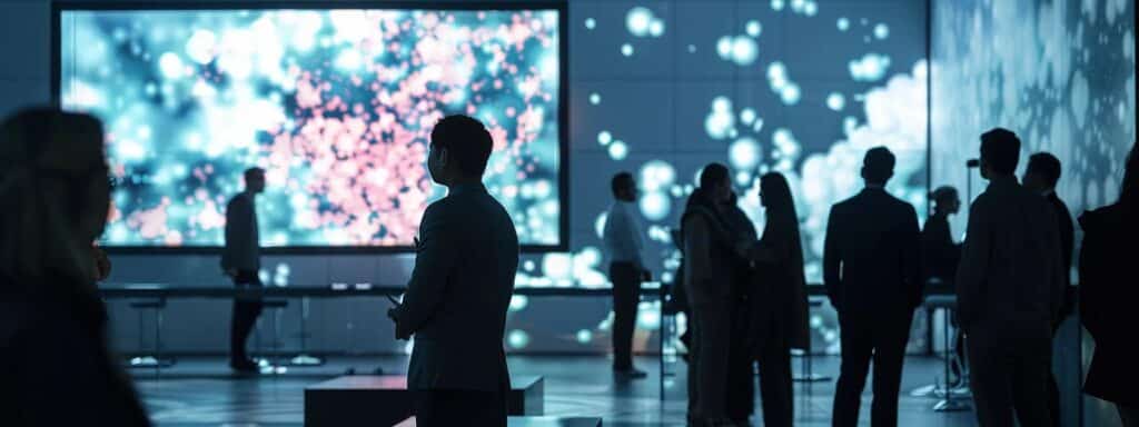 a sleek, modern office setting showcases a diverse group of professionals engaged in a dynamic discussion around a high-tech digital identity verification interface displayed on a large screen, emphasizing collaboration and innovation in secure authentication.