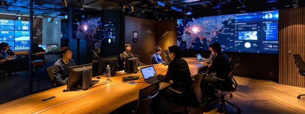 a sleek, modern office setting features a diverse team engaged in a dynamic discussion around a digital identity verification dashboard, illuminated by bold screens displaying multi-layered security protocols.
