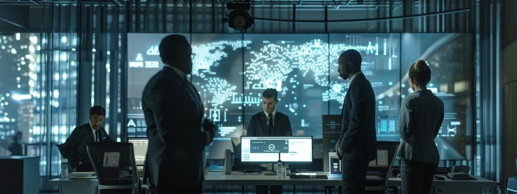 a sleek, modern office setting showcases a diverse group of professionals engaged in a dynamic discussion around a digital display featuring cutting-edge identity verification technology, embodying the future of security and convenience.