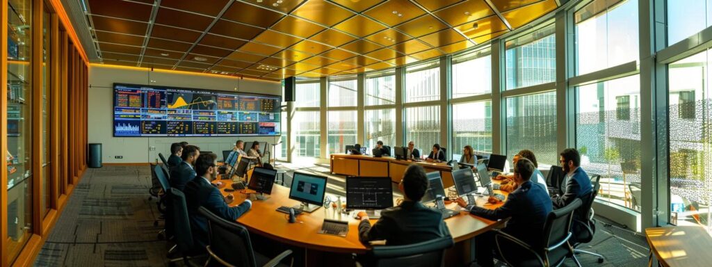 a sleek, modern office setting showcases a diverse team of professionals engaged in intense discussions around a digital interface displaying complex aml analytics, illustrating the critical challenges faced by various sectors in combating money laundering.