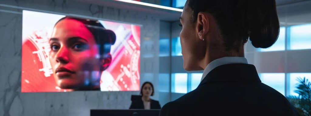 a sleek, modern office space features a confident professional engaging with high-tech identity verification software on a large monitor, emphasizing the seamless integration of technology in enhancing security and compliance across various industries.
