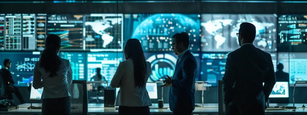 a sleek, modern office space filled with diverse professionals engaging with advanced digital displays, showcasing real-time data and analytics on electronic identity verification processes across various industries.