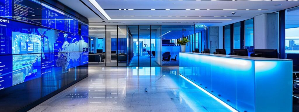 a sleek, modern office workspace is illuminated by cool blue lighting, featuring a large digital display showcasing a complex interface of electronic identity verification processes with vivid graphics representing database cross-checks and secure data flows.