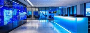 a sleek, modern office workspace is illuminated by cool blue lighting, featuring a large digital display showcasing a complex interface of electronic identity verification processes with vivid graphics representing database cross-checks and secure data flows.