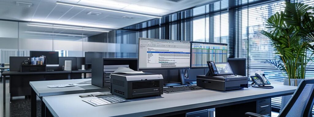 a sleek, modern office workspace features a high-tech document scanner processing an array of physical documents, illuminated by bright overhead lights that enhance the clarity of computer screens displaying digital verification results for ekyc applications.