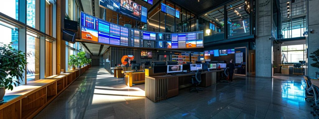 a high-tech urban office filled with digital screens displaying complex data analytics, showcasing the dynamic integration of blockchain technology and ai in aml compliance strategies.