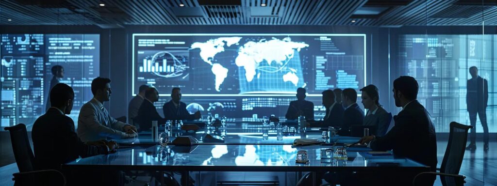 a modern conference room with a sleek glass table, high-tech screens displaying data analytics, and professionals engaged in a serious discussion about innovative compliance strategies in the evolving landscape of anti-money laundering regulations.