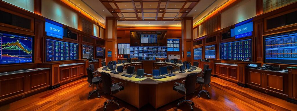 a sleek, high-tech financial control room filled with multiple screens displaying complex data analytics and graphs, emphasizing the urgency and sophistication of transaction monitoring and compliance in a corporate environment.