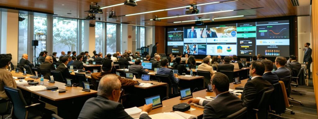 a sleek, modern conference room filled with business professionals engaged in a dynamic discussion about the fatf framework, illuminated by bright overhead lights that create a stark contrast against dark wood furnishings and a large digital display showcasing the key recommendations and their impact on global financial systems.