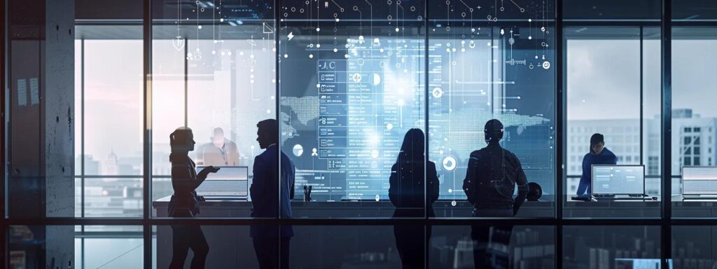 a sleek, modern fintech office environment showcases a transparent digital interface displaying data privacy metrics, surrounded by professionals engaged in discussions about encryption and compliance, emphasizing the crucial role of security in kyc onboarding.