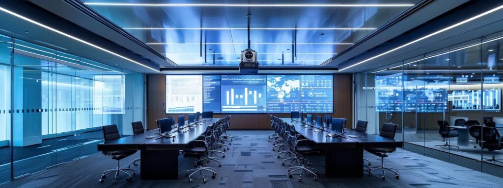 a sleek, modern office conference room illuminated by bright overhead lights features a diverse group of professionals engaged in a focused discussion, with charts and graphs on a digital display highlighting aml compliance strategies and technological advancements.