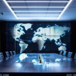 a sleek, modern office conference room illuminated by dramatic overhead lighting, featuring a large digital screen displaying a world map dotted with highlighted countries, symbolizing the complexity and reach of global aml regulations.
