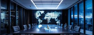 a sleek, modern office conference room illuminated by dramatic overhead lighting, featuring a large digital screen displaying a world map dotted with highlighted countries, symbolizing the complexity and reach of global aml regulations.